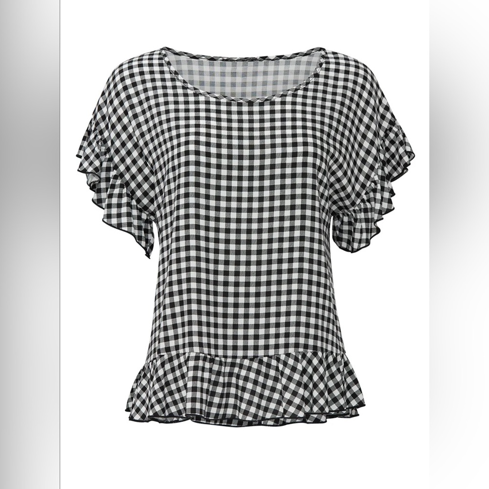 SLATE & WILLOW — Gingham Ruffle Top szM